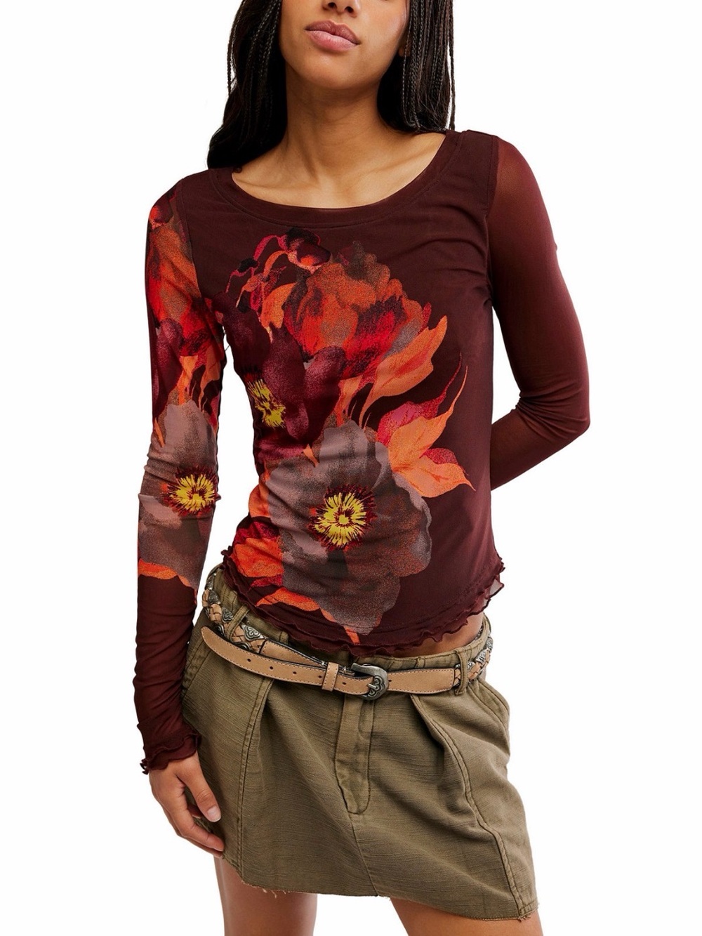 Free People Lilly Burgundy Printed Long-Sleeve Boat Neck Top